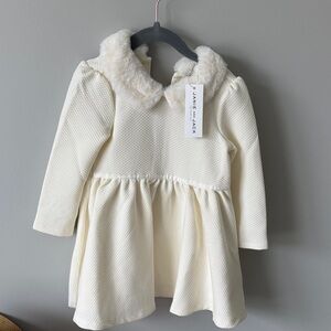 Janie and Jack 2T NWT Cream Knit Dress with Faux Fur Collar
